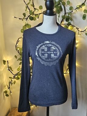 Tory Burch charcoal gray long sleeve Medium shirt with metallic sparkly "T" logo